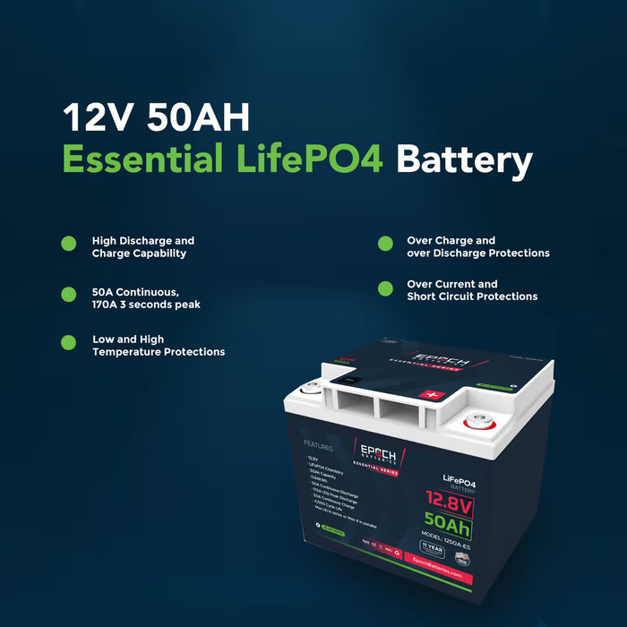 Epoch Batteries 12V 50Ah Essential Series - Bluetooth LiFePO4 Battery