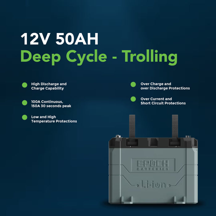 Epoch Batteries 12V 50Ah LiFePO4 Lithium Battery - Bluetooth, Heating, Waterproof