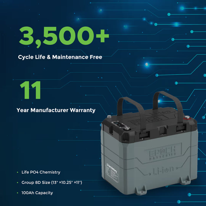 Epoch Batteries 24V 100Ah LiFePO4 Lithium Battery - Bluetooth, Heating, Waterproof