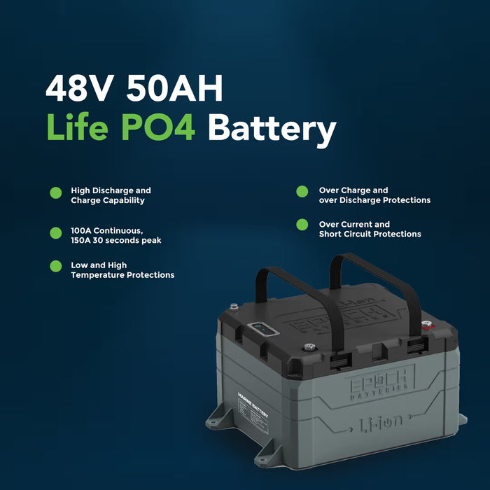 Epoch Batteries 48V 50Ah LiFePO4 Lithium Battery - Bluetooth, Heating, Waterproof