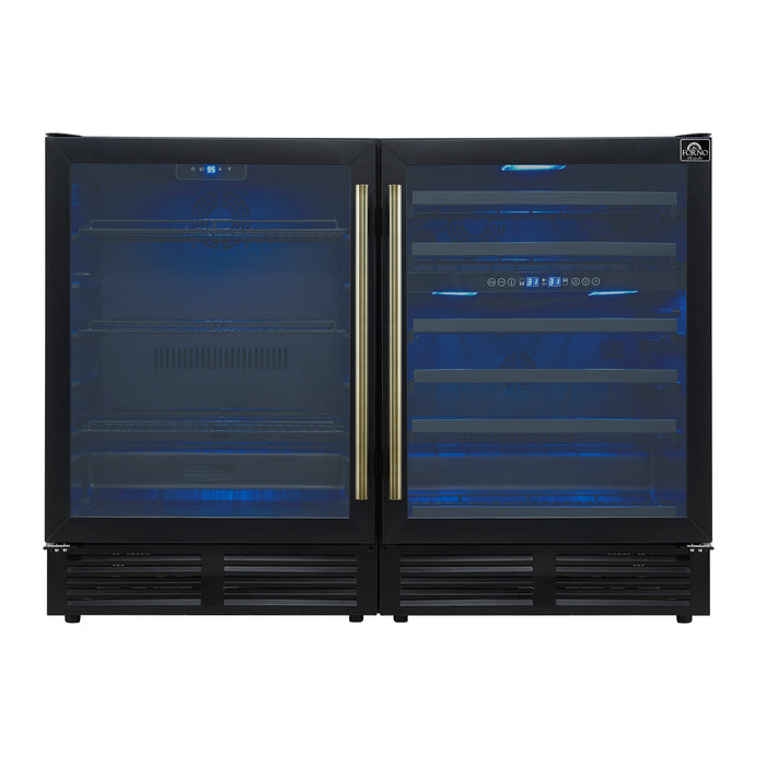 Forno Gemello 48" Side-by-Side Wine and Beverage Cooler in Black with Antique Brass Handles (FWCDR6699-48BLK)