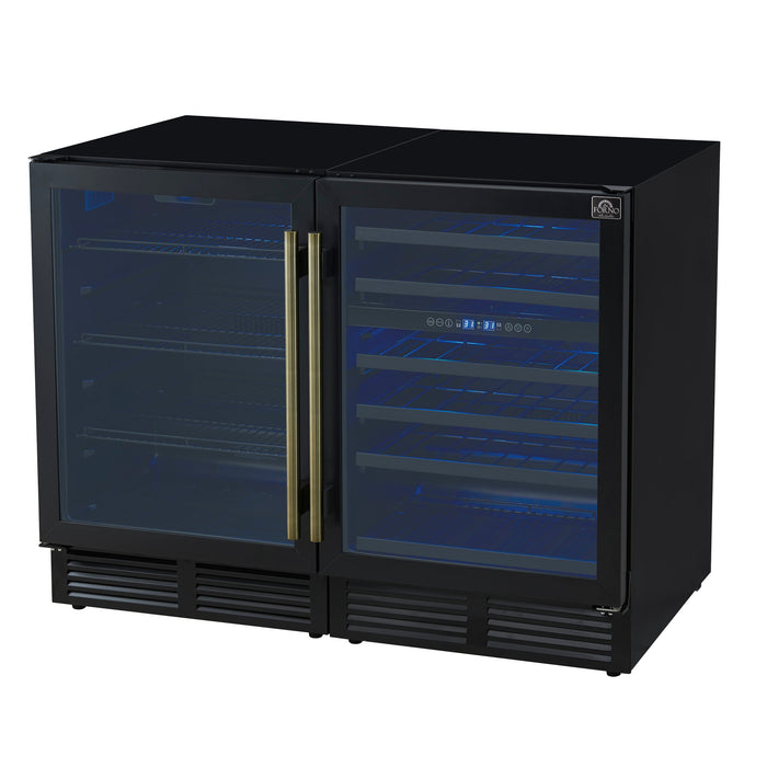 Forno Gemello 48" Side-by-Side Wine and Beverage Cooler in Black with Antique Brass Handles (FWCDR6699-48BLK)