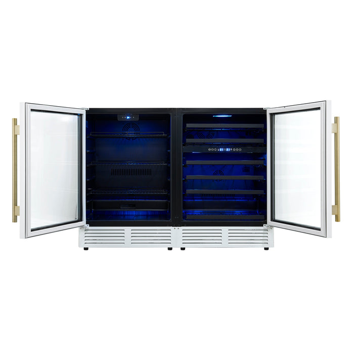 Forno Gemello 48" Side-by-Side Wine and Beverage Cooler in White with Antique Brass Handles (FWCDR6699-48WHT)