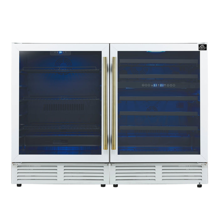 Forno Gemello 48" Side-by-Side Wine and Beverage Cooler in White with Antique Brass Handles (FWCDR6699-48WHT)