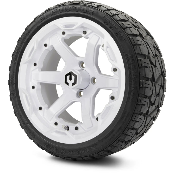 MODZ 14" Gladiator Glossy White Wheels & Off-Road Tires Combo