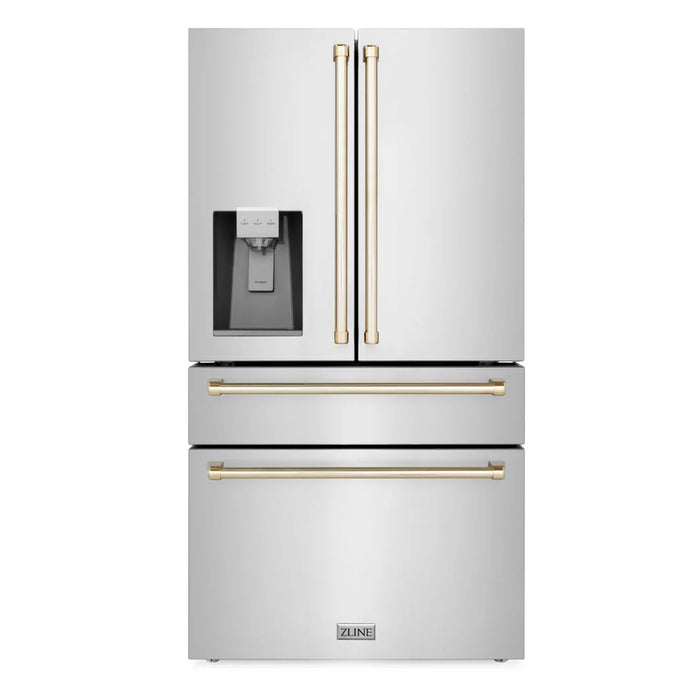 ZLINE Autograph Edition 36" 21.6 cu. ft. Counter Depth French Door Refrigerator with Water Dispenser and Ice Maker in Stainless Steel and Traditional Handles