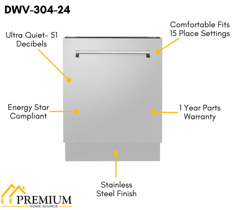 ZLINE 24 in. Tallac Series 3rd Rack Dishwasher in Stainless Steel with Traditional Handle, 51dBa (DWV-304-24)