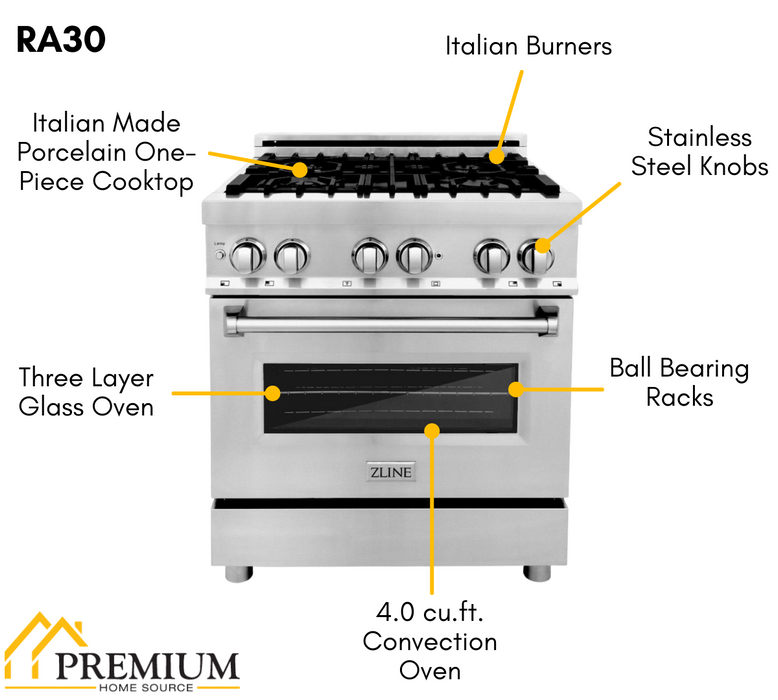 ZLINE Kitchen and Bath 30 in. Professional Gas Burner, Electric Oven Stainless Steel Range (RA30)