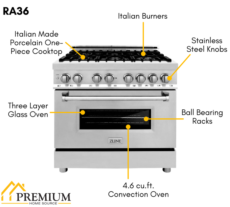 ZLINE Kitchen and Bath Appliance Package - 36 in. Dual Fuel Range, 36 in. Range Hood (2KP-RARH36)