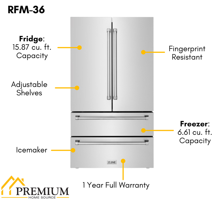 ZLINE 36" 22.5 cu. ft 4-Door French Door Refrigerator with Ice Maker in Fingerprint Resistant Stainless Steel (RFM-36)