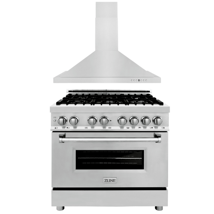 ZLINE Kitchen and Bath Appliance Package - 36 in. Dual Fuel Range, 36 in. Range Hood (2KP-RARH36)