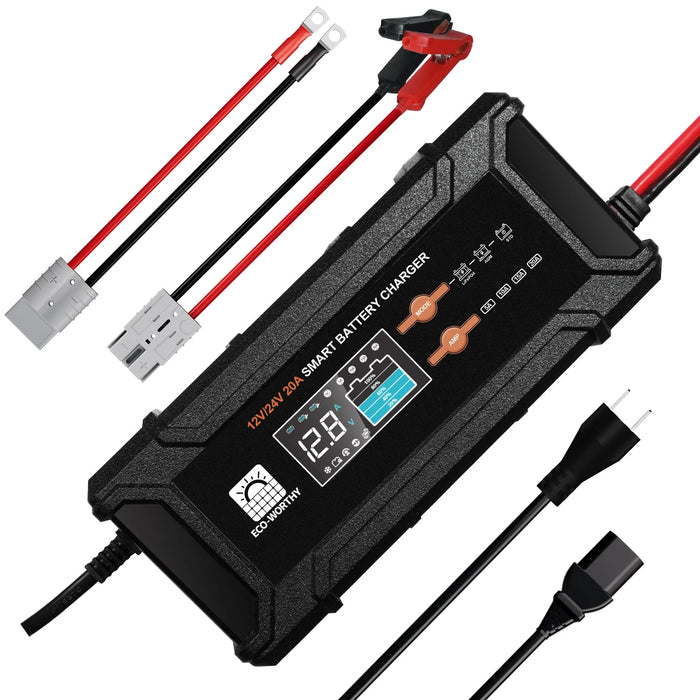 Eco-Worthy 20A 12V/24V Smart Battery Charger with LCD Display for Most Batteries