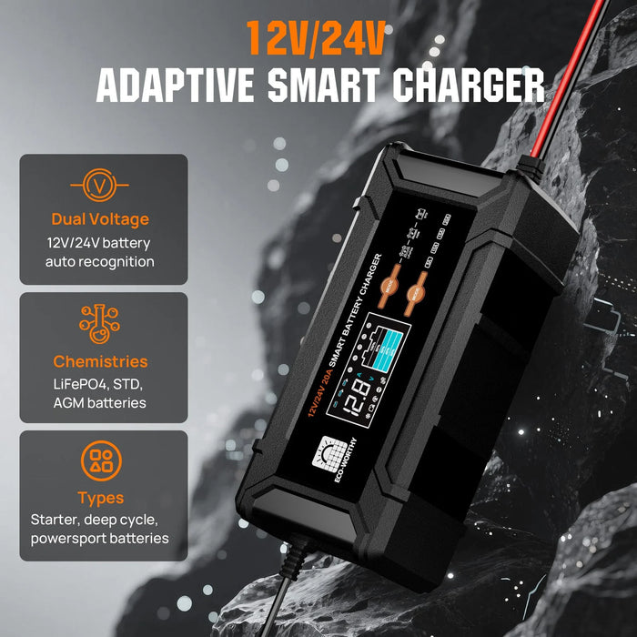 Eco-Worthy 20A 12V/24V Smart Battery Charger with LCD Display for Most Batteries