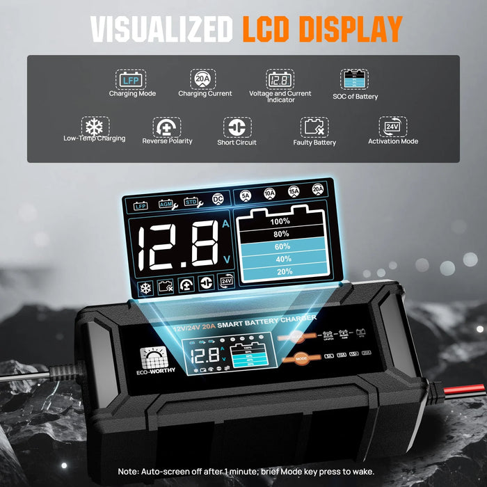 Eco-Worthy 20A 12V/24V Smart Battery Charger with LCD Display for Most Batteries