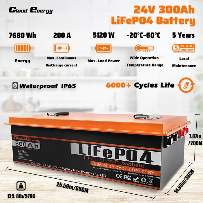 Cloudenergy 24V 300Ah LiFePO4 Deep Cycle Lithium Battery (CL24V-300Ah)