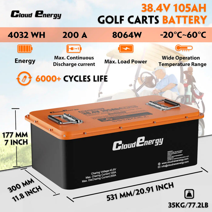 Cloudenergy 36V (38.4V) 105Ah LiFePO4 Golf Cart Battery With 20A Charger