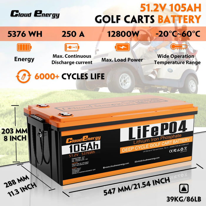 Cloudenergy 48V(51.2V) 105Ah Lithium Golf Cart Battery With 20A Charger