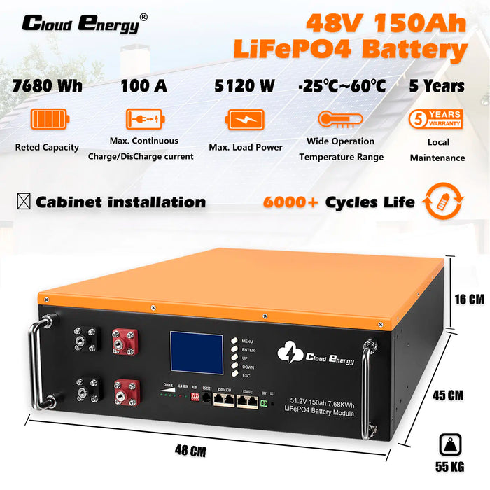 Cloudenergy 48V Cabinet Lithium Battery 7.68kWh Energy Storage Solution (CL48V-150Ah-Rack)