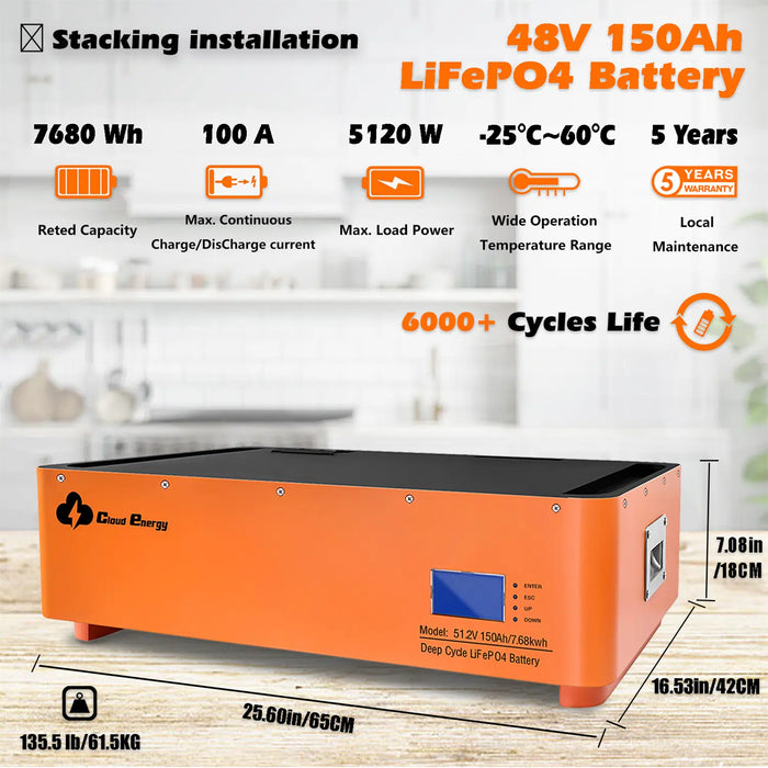 Cloudenergy 48V 150Ah Stackable LiFePO4 Deep Cycle Rechargeable Battery (DD48V-150Ah-Stackable)