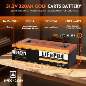 Cloudenergy 48V (51.2V) 320Ah LiFePO4 Golf Cart Battery – Iron Shell, Bluetooth BMS, Touch Monitor & 20A Charger