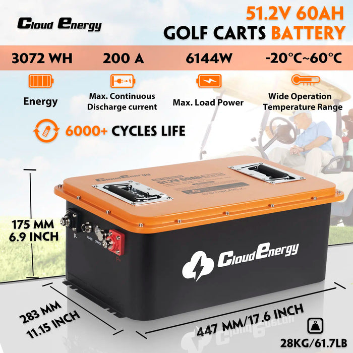 Cloudenergy 48V (51.2V) 60Ah LiFePo4 Golf Cart Battery With 20A Charger