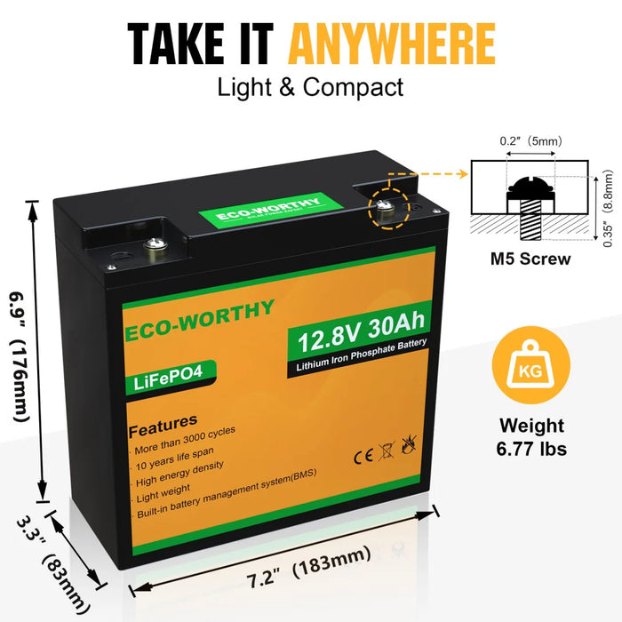 Eco-Worthy 12V LiFePO4 Lithium Battery - 10Ah 20Ah 30Ah