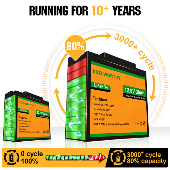 Eco-Worthy 12V LiFePO4 Lithium Battery - 10Ah 20Ah 30Ah