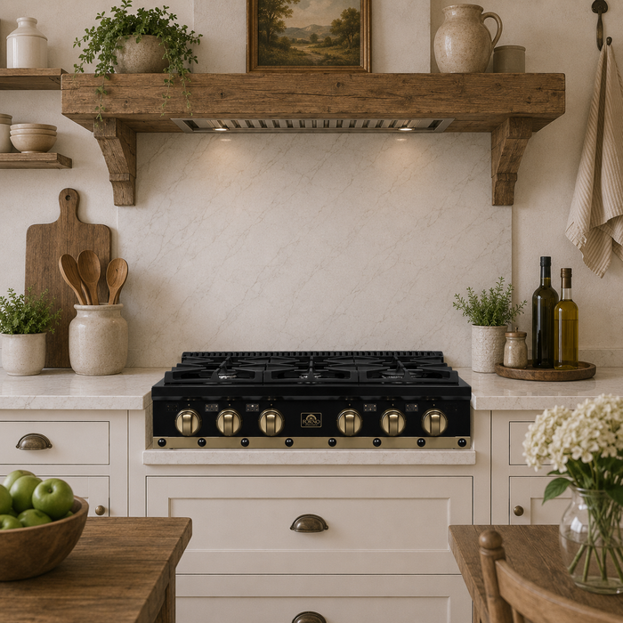 Forno Ambassador Valente 36" Gas Cooktop, 6 Sealed Burners with Dual Ring Burner, Cast Iron Grates in Black with Antique Brass Accents and Copper Rivet Trim (FCTGS5799-36CPBLK)