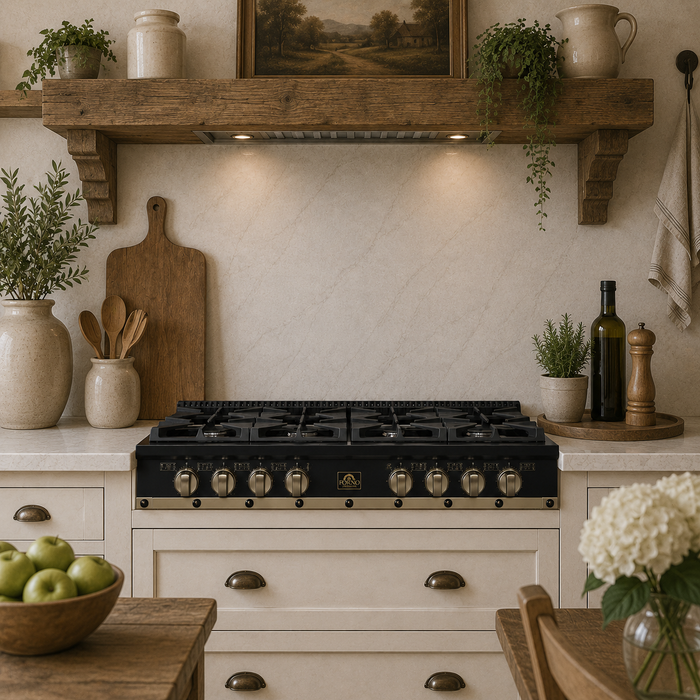 Forno Ambassador Valente 48" Gas Cooktop, 8 Sealed Burners with 2 Dual Ring Burners, Cast Iron Grates - Black or White with Antique Brass Accents and Copper Rivet Trim (FCTGS5799-48CPBLK)