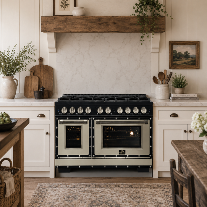 Forno Ambassador Valente 48" 6.7 cu. ft. Dual Fuel Range, 8 Sealed Burners, Convection Oven in Black or White with Antique Brass Accents and Copper Rivet Trim (FFSGS6199-48CPBLK)