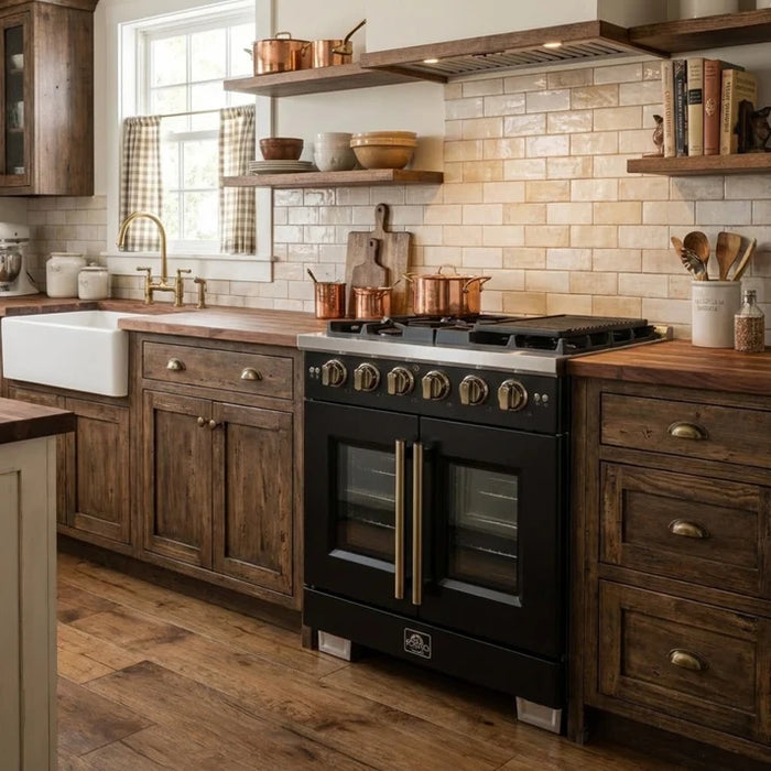 Forno Capriasca 30" 4.32 cu. ft. French Door Gas Range with 5 Brass Burners, Air Fryer Kit, Rotisserie Kit, Wok Support & Griddle in Stainless Steel, White or Black (FFSGS6460-30)