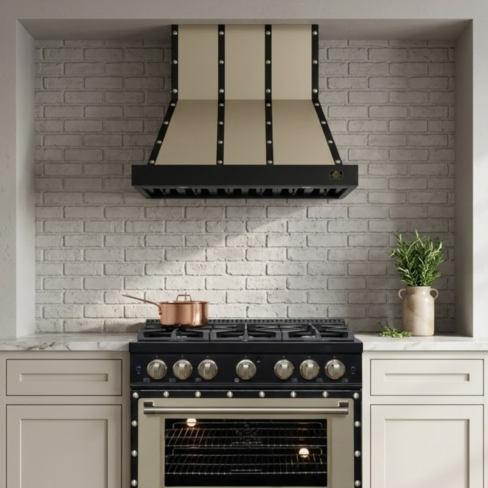 Forno Ambassador Valente 36" 427 CFM Wall Mount Range Hood with 3 Speeds, LED Light in Fingerprint Resistant Black, Antique Brass and Copper Rivet Trim (FRHWM5099-36CPBLK)