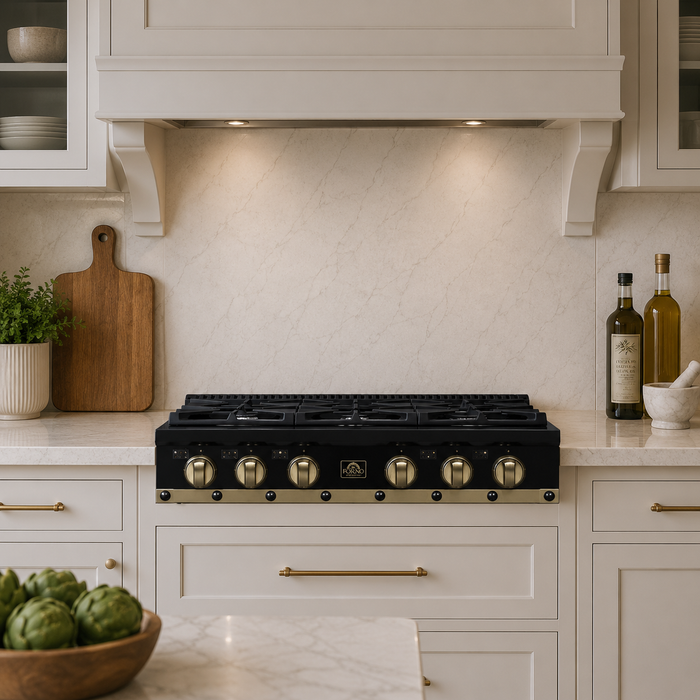 Forno Ambassador Valente 36" Gas Cooktop, 6 Sealed Burners with Dual Ring Burner, Cast Iron Grates in Black with Antique Brass Accents and Copper Rivet Trim (FCTGS5799-36CPBLK)