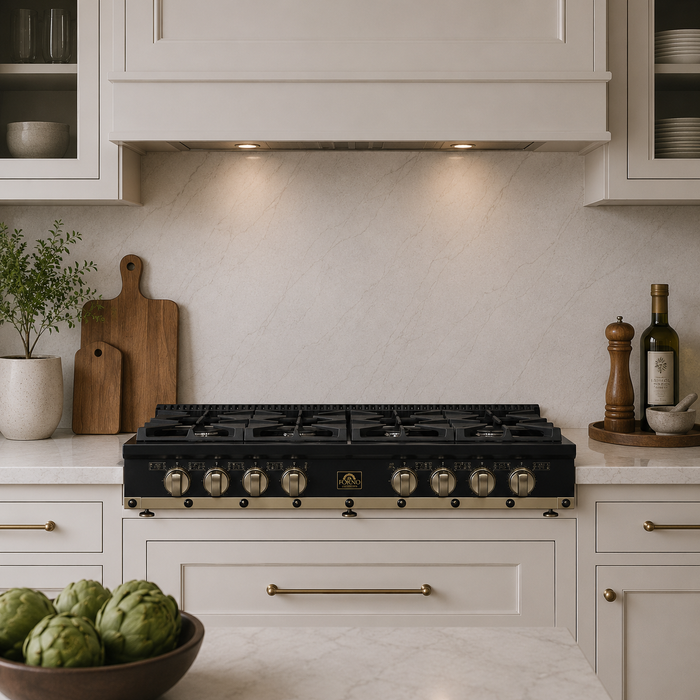 Forno Ambassador Valente 48" Gas Cooktop, 8 Sealed Burners with 2 Dual Ring Burners, Cast Iron Grates - Black or White with Antique Brass Accents and Copper Rivet Trim (FCTGS5799-48CPBLK)