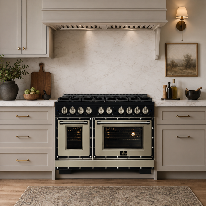 Forno Ambassador Valente 48" 6.7 cu. ft. Dual Fuel Range, 8 Sealed Burners, Convection Oven in Black or White with Antique Brass Accents and Copper Rivet Trim (FFSGS6199-48CPBLK)
