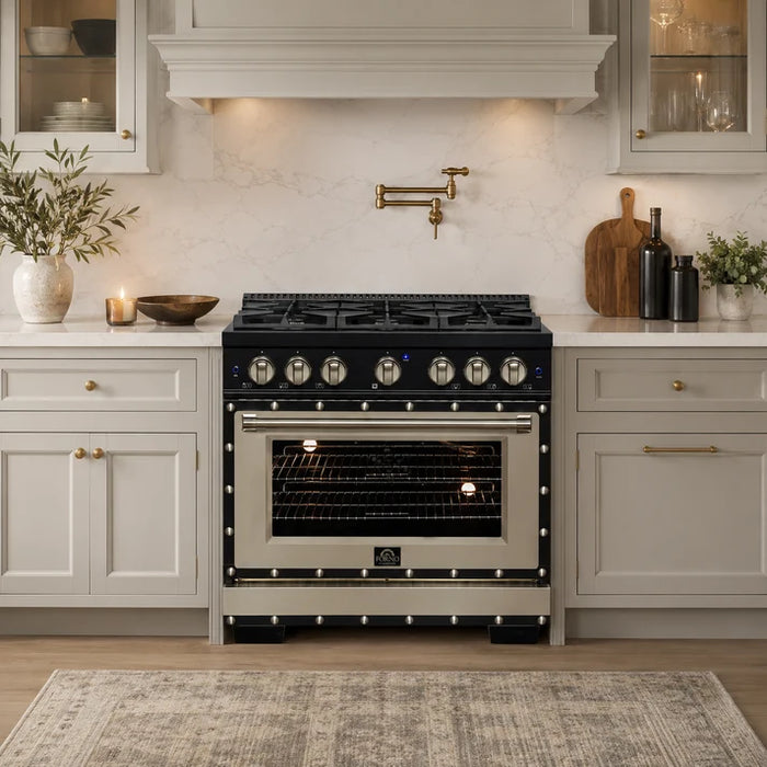 Forno Ambassador Valente 36" 5.2 cu. ft. Gas Range, 6 Sealed Burners, Convection Oven in White or Black with Antique Brass Accents and Copper Rivet Trim, FFSGS6299-36CPWHT