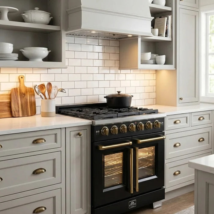 Forno Capriasca 30" 4.32 cu. ft. French Door Gas Range with 5 Brass Burners, Air Fryer Kit, Rotisserie Kit, Wok Support & Griddle in Stainless Steel, White or Black (FFSGS6460-30)