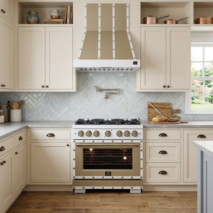 Forno Ambassador Valente 36" 5.2 cu. ft. Gas Range, 6 Sealed Burners, Convection Oven in White or Black with Antique Brass Accents and Copper Rivet Trim, FFSGS6299-36CPWHT