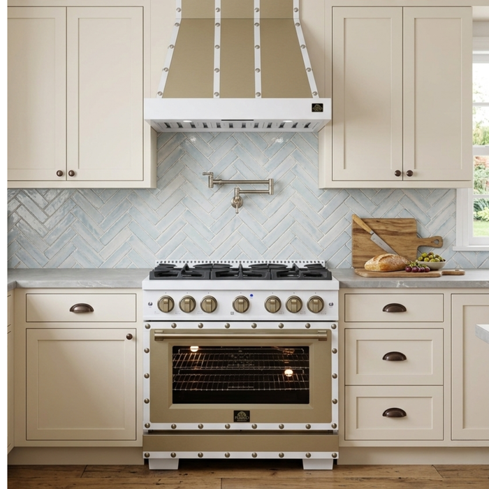 Forno Ambassador Valente 36" 427 CFM Wall Mount Range Hood with 3 Speeds, LED Light in Fingerprint Resistant White, Antique Brass and Copper Rivet Trim (FRHWM5099-36CPWHT)