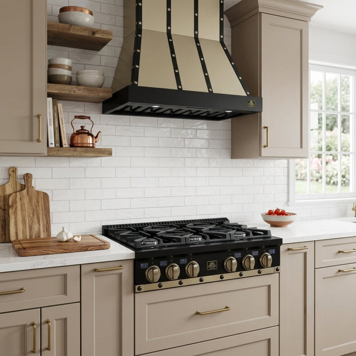 Forno Ambassador Valente 36" Gas Cooktop, 6 Sealed Burners with Dual Ring Burner, Cast Iron Grates in Black with Antique Brass Accents and Copper Rivet Trim (FCTGS5799-36CPBLK)