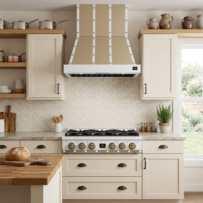 Forno Ambassador Valente 36" Gas Cooktop, 6 Sealed Burners with Dual Ring Burner, Cast Iron Grates in White with Antique Brass Accents and Copper Rivet Trim (FCTGS5799-36CPWHT)