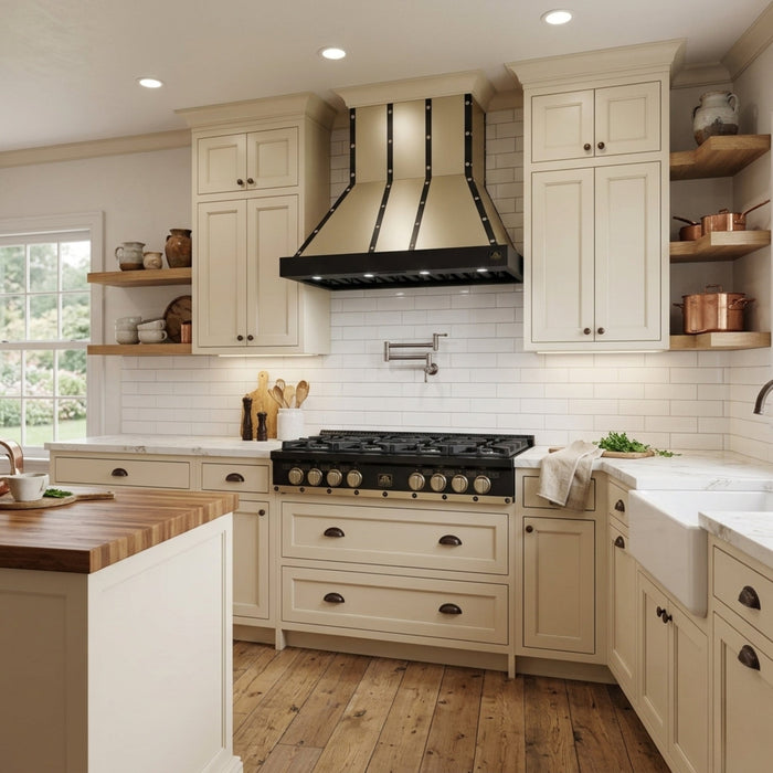 Forno Ambassador Valente 48" Gas Cooktop, 8 Sealed Burners with 2 Dual Ring Burners, Cast Iron Grates - Black or White with Antique Brass Accents and Copper Rivet Trim (FCTGS5799-48CPBLK)