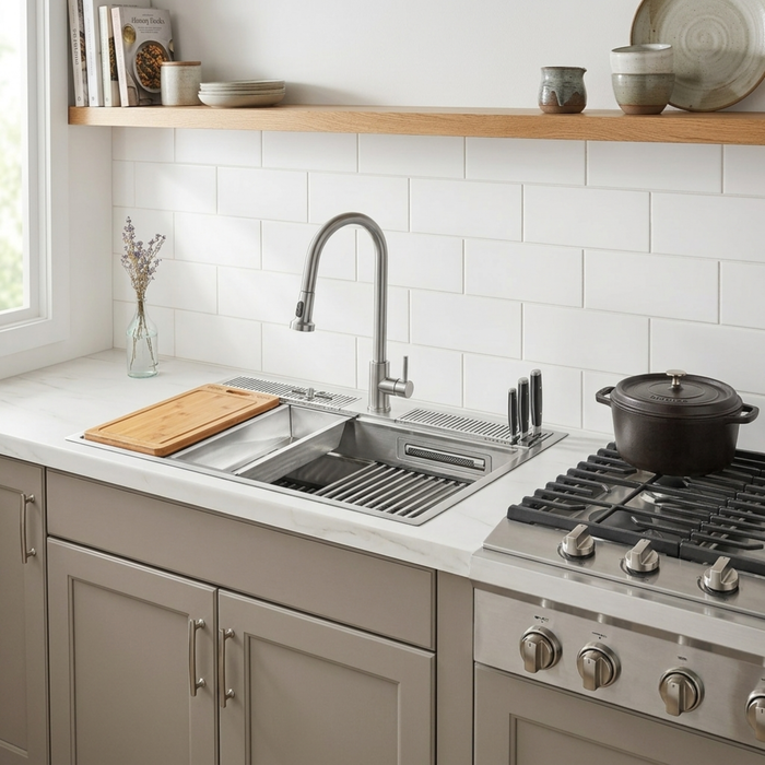 Forno Acqua 33" Drop-In/Undermount 3 Level Workstation Sink, Waterfall Faucet, Glass Rinser in Stainless Steel (D-WP30)