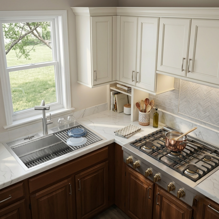 Forno Acqua 33" Drop-In/Undermount 3 Level Workstation Sink, Waterfall Faucet, Glass Rinser in Stainless Steel (D-XP30)