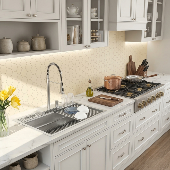 Forno Acqua 33" Drop-In/Undermount 3 Level Workstation Sink, Waterfall Faucet, Glass Rinser in Stainless Steel (E-XP31)