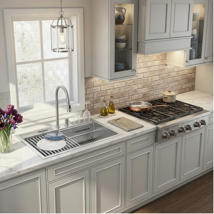 Forno Acqua 33" Drop-In/Undermount 3 Level Workstation Sink, Waterfall Faucet, Glass Rinser in Stainless Steel (E-ZP30)