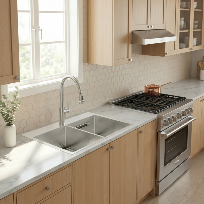 Forno Acqua 33" Drop-In/Undermount 50/50 Double Bowl Sink, Waterfall Faucet in Stainless Steel (G-ZN30)