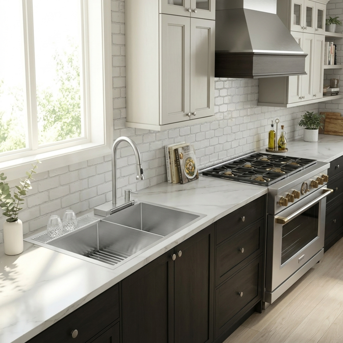 Forno Acqua 33" Drop-In/Undermount 40/60 Double Bowl Sink, Retractable and Waterfall Faucet in Stainless Steel (H-XN30)
