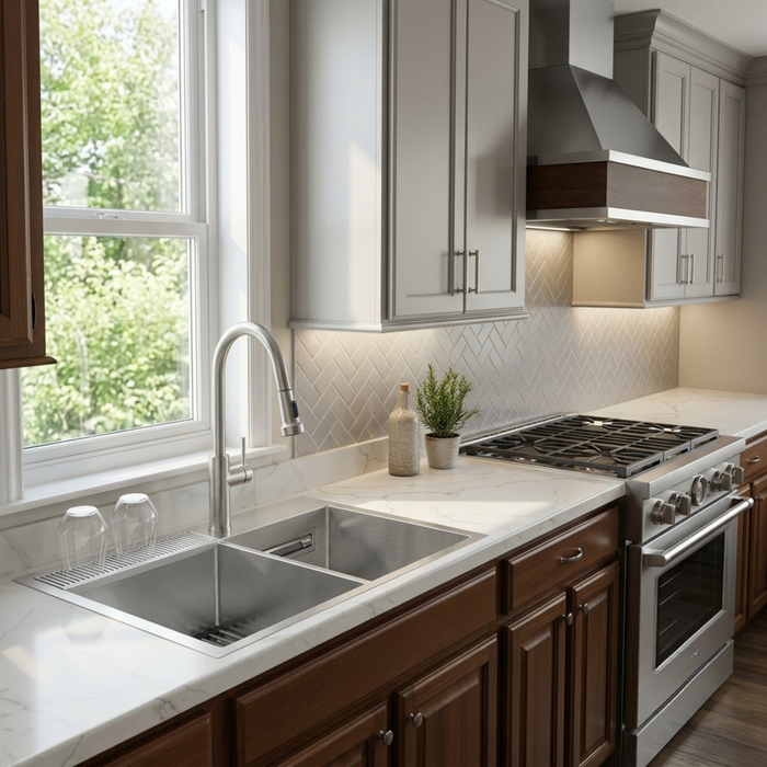 Forno Acqua 33" Drop-In/Undermount 40/60 Double Bowl Sink, Retractable and Waterfall Faucet in Stainless Steel (H-ZN30)