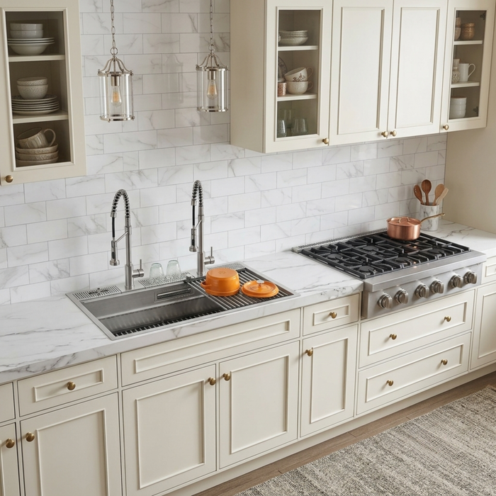 Forno Acqua 45" Drop-In/Undermount 3 Level Workstation Sink, 2 Faucets, Glass Rinser in Stainless Steel (J-WP31)